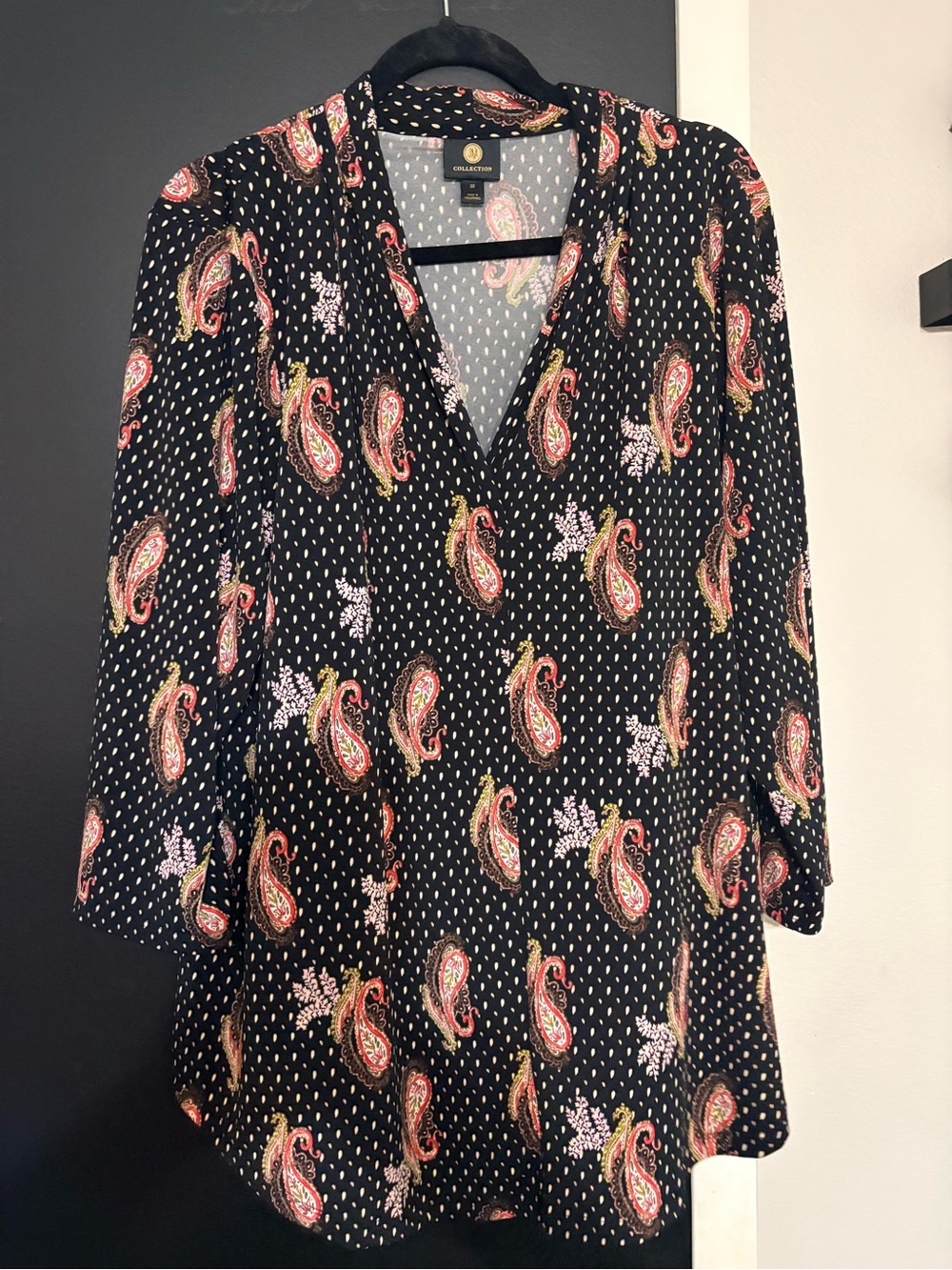 JM Collection Black Paisley V-Neck Blouse with Pink and Gold colors.